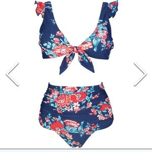 Cocoship Floral Bikini with Ruffle Straps Size 8 Two Piece Full Coverage